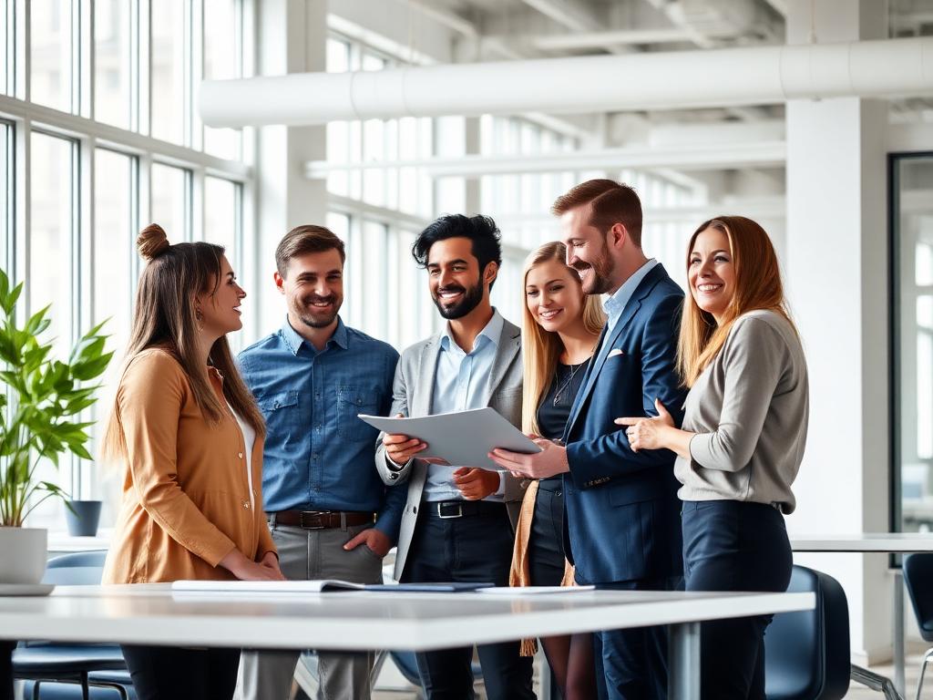 A diverse group of colleagues collaborating in a bright open-plan office