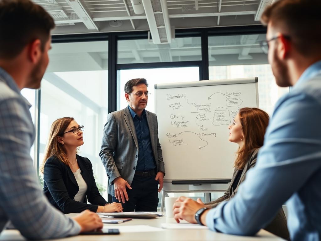 A senior leader coaching a small team around a whiteboard