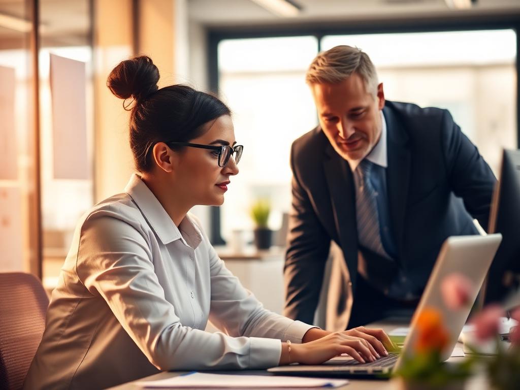 A manager supporting a focused employee at their desk