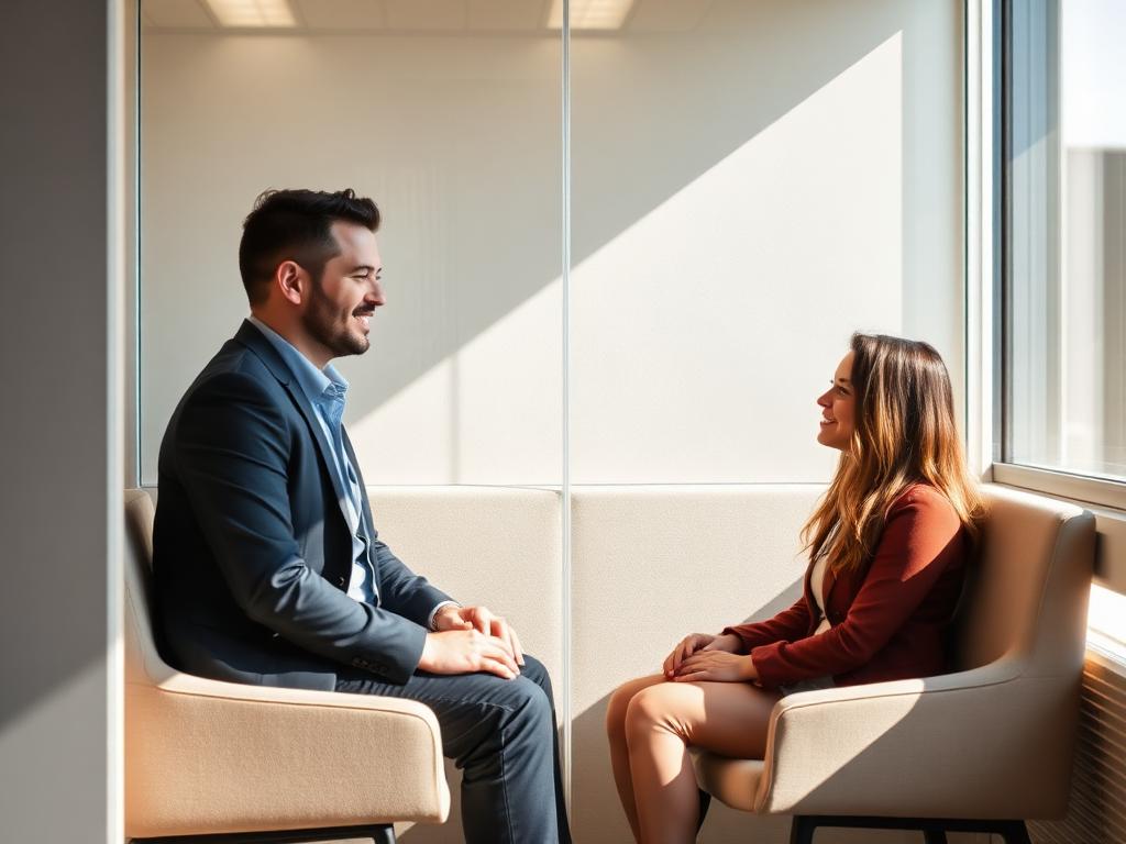 Two colleagues in a supportive one-to-one conversation in a quiet meeting booth