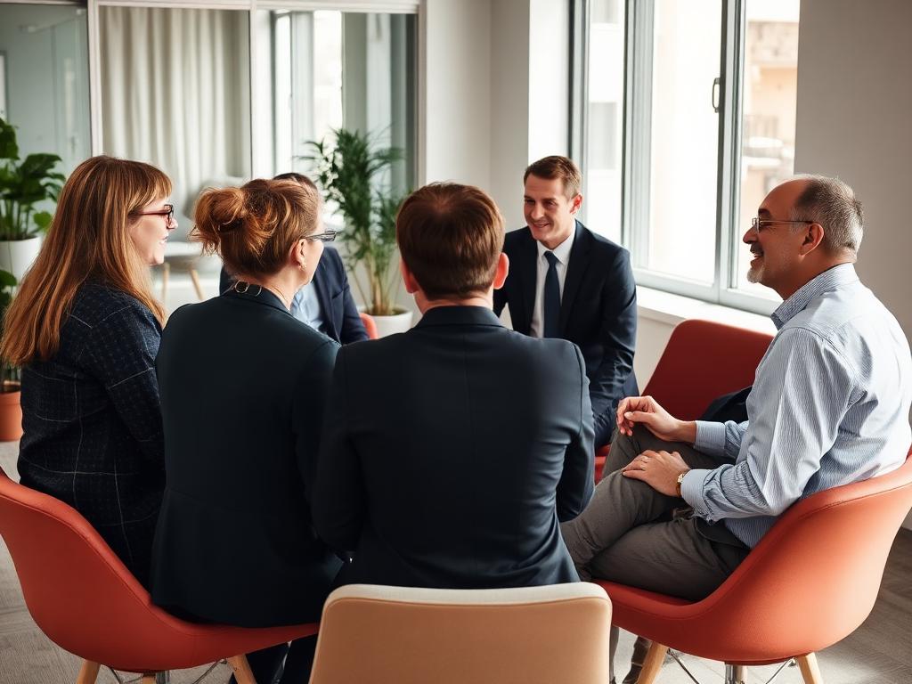 A small team in an open, trusting circle discussion at work