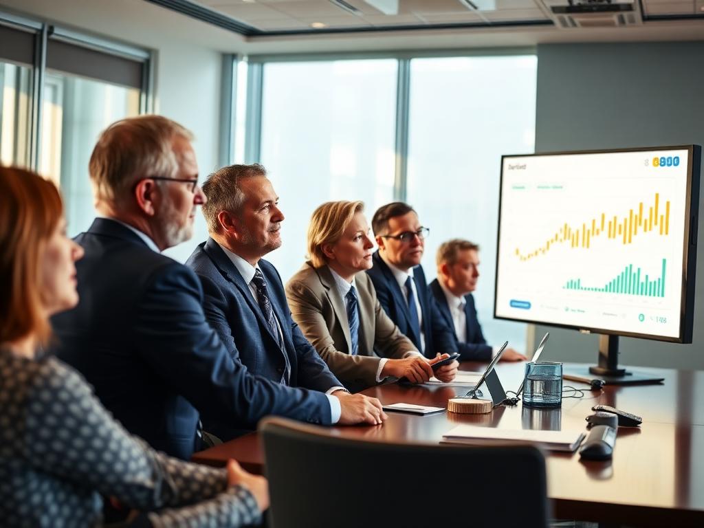 Executives reviewing workforce performance data in a boardroom