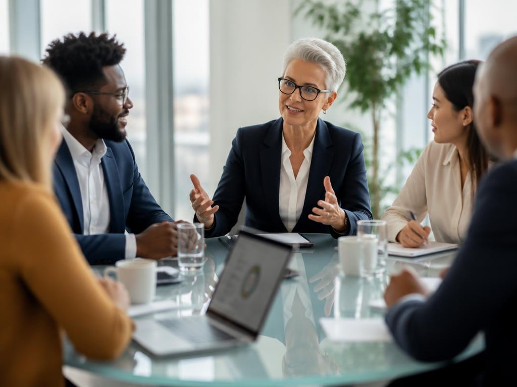 A senior consultant discussing neurodiversity strategy with executives in a modern boardroom