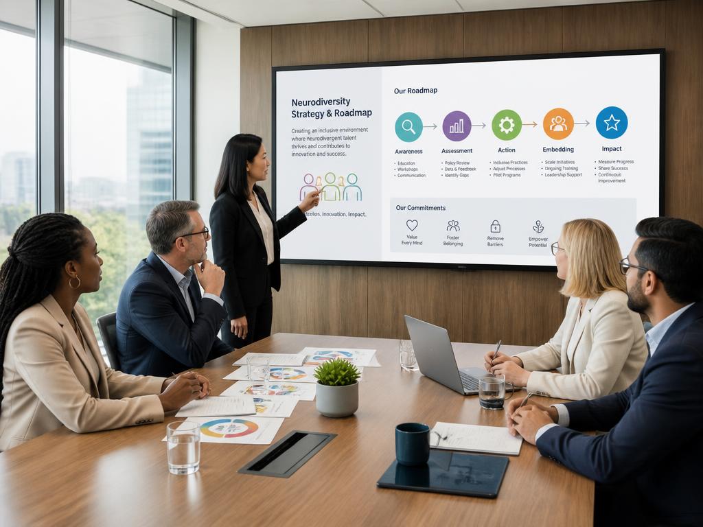 An executive team reviewing a neurodiversity strategy roadmap in a boardroom