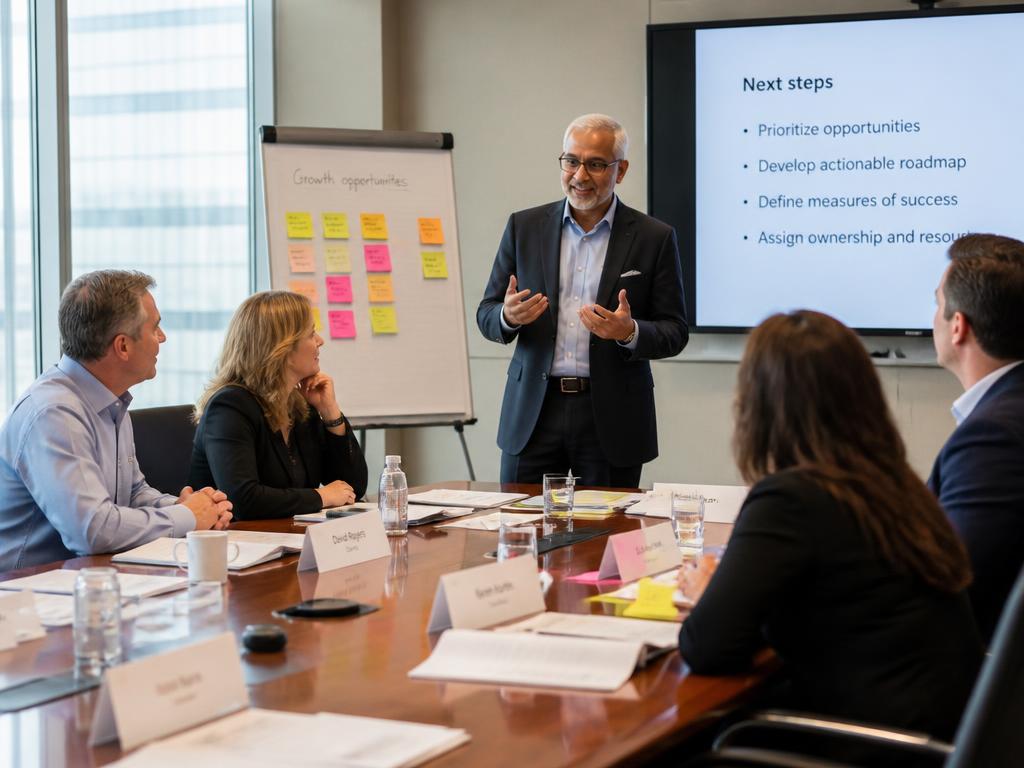 A senior facilitator running an interactive executive workshop around a conference table