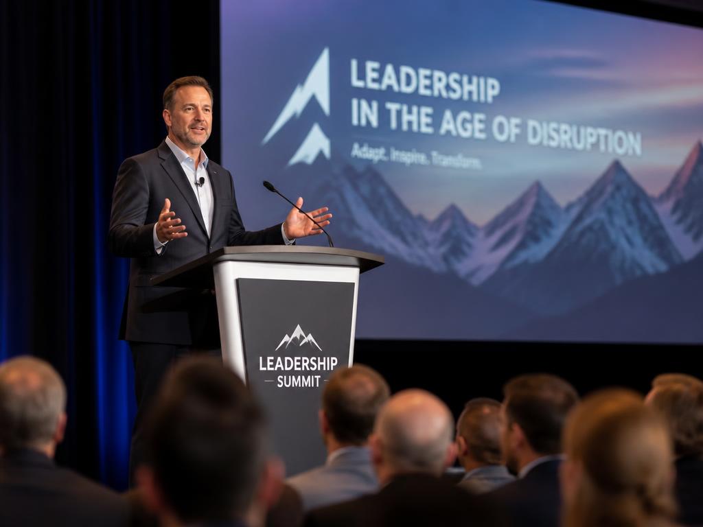 A professional man in his mid-40s delivering a keynote on stage to a large leadership conference audience
