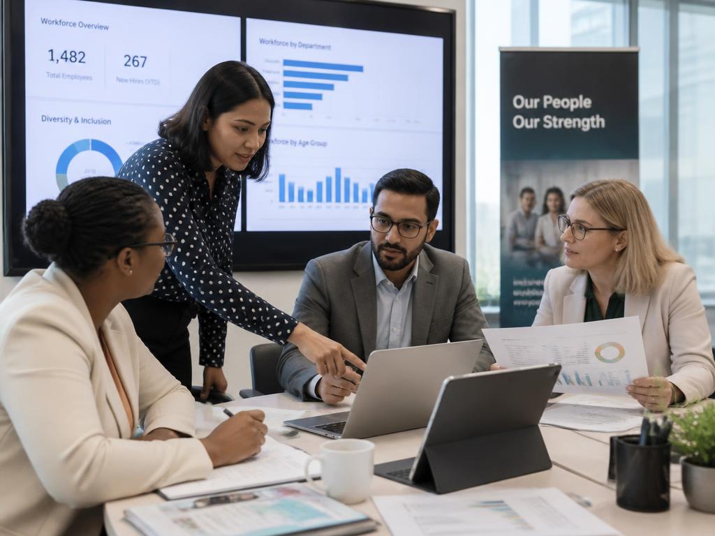A diverse audit team reviewing workforce data and charts together in a professional office