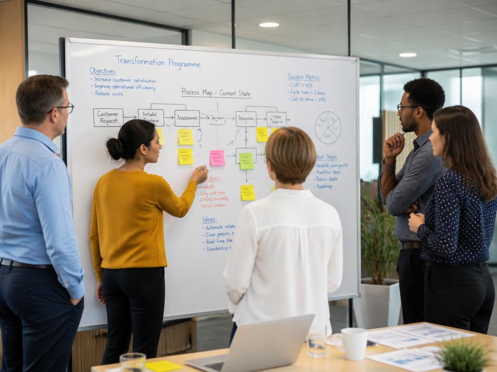 A change leadership team mapping a transformation programme on a large whiteboard